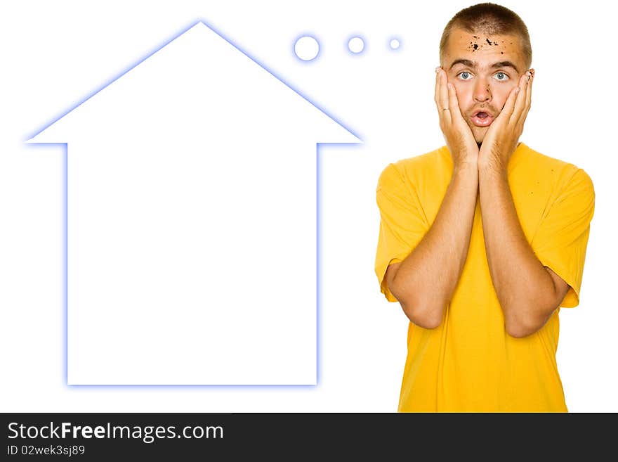 Handsome young man, his face and hands stained the ground. Face guy expresses shock, his hands are on her cheeks. Dreams of a land and house. Isolated on a white background. Handsome young man, his face and hands stained the ground. Face guy expresses shock, his hands are on her cheeks. Dreams of a land and house. Isolated on a white background