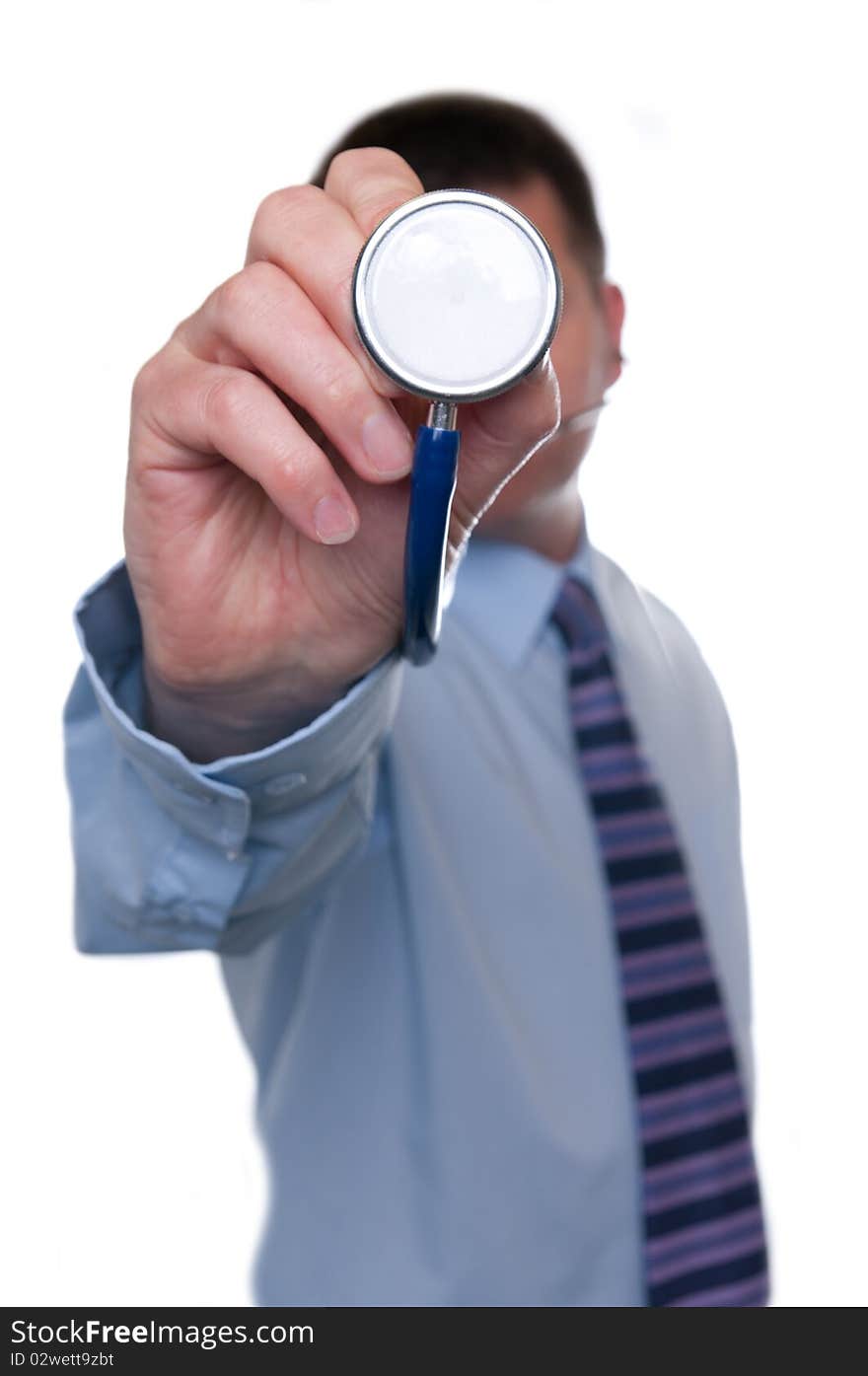 Doctor isolated on white. Focus close up on stethoscope. Differential focus. Doctor isolated on white. Focus close up on stethoscope. Differential focus.