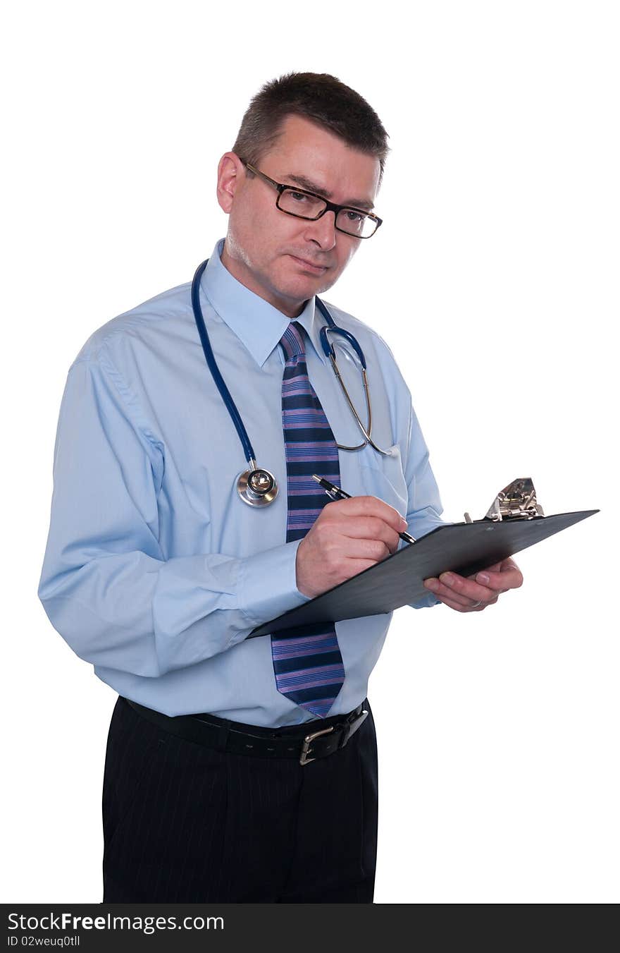 Doctor isolated on white. Looks frankly at camera. Writes notes on clipboard. Doctor isolated on white. Looks frankly at camera. Writes notes on clipboard.