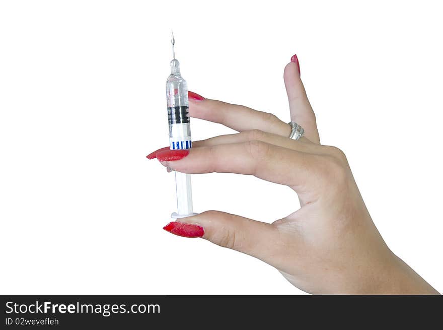 Girl is holding a vaccine isolated on white