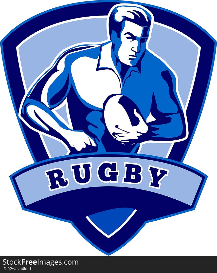 Illustration of a Rugby player running with the ball with shield in the background. Illustration of a Rugby player running with the ball with shield in the background