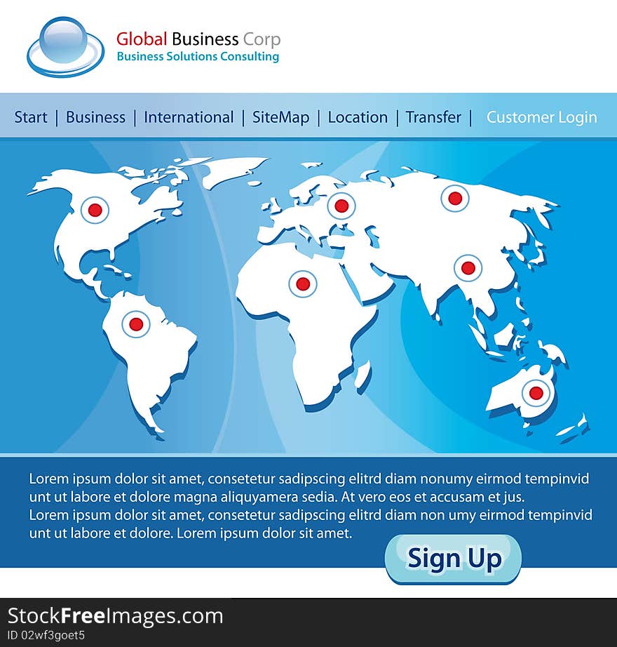 Business website template with world map in stylish blue.