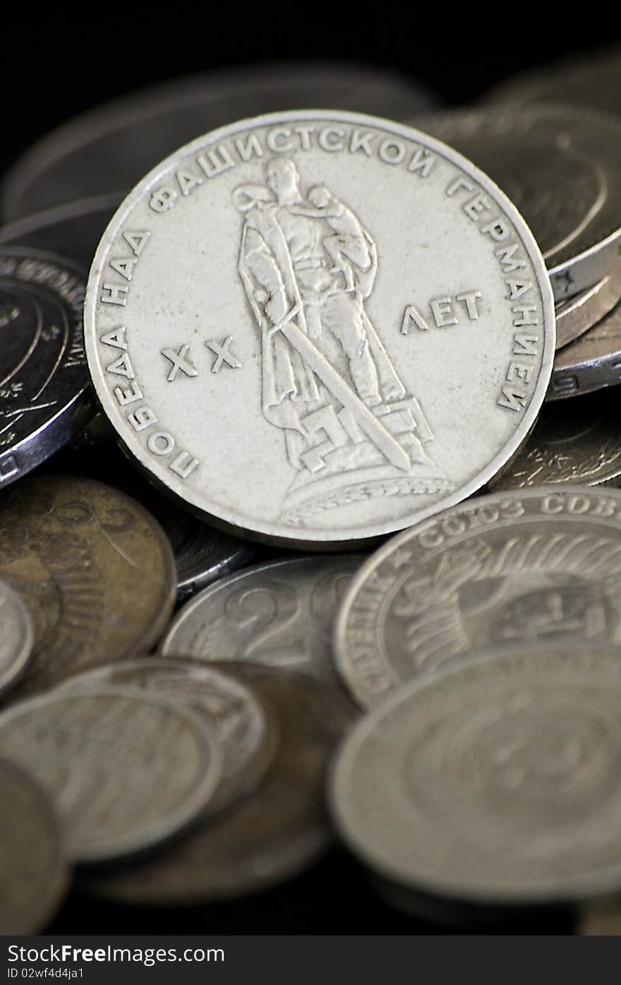 Soviet grunge coins pile closeup. Soviet grunge coins pile closeup