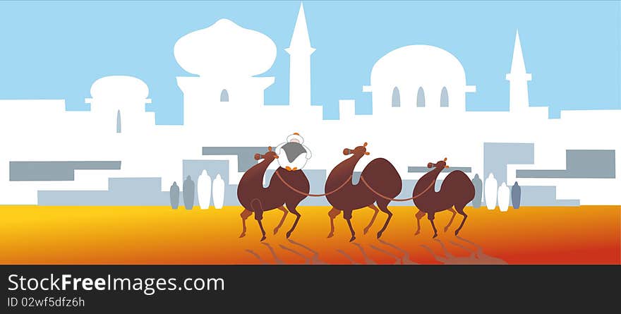 Three camels and white houses