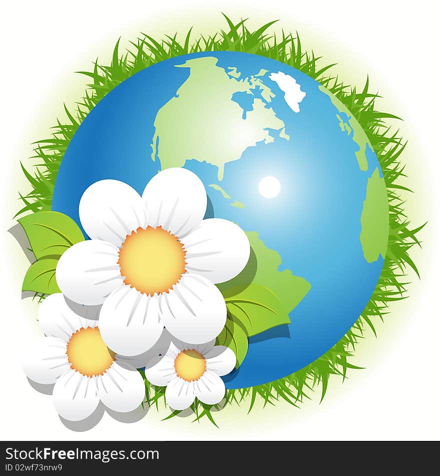 Illustration, blue globe, herb and flowers on white background. Illustration, blue globe, herb and flowers on white background