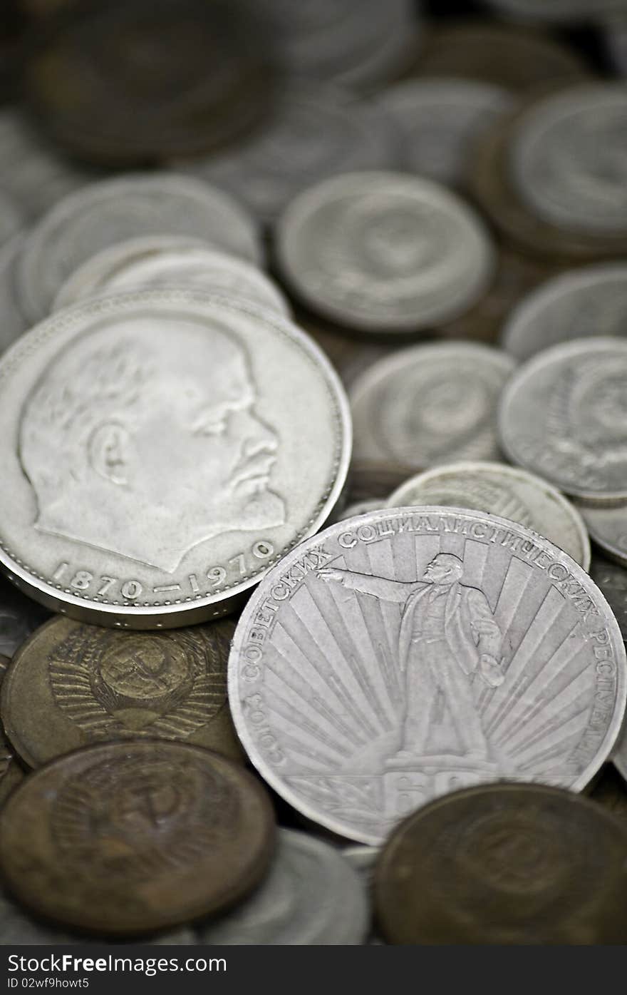 Soviet grunge coins pile closeup. Soviet grunge coins pile closeup