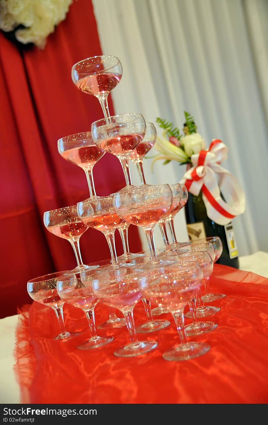 Champagne glasses tower in wedding，which taken in china