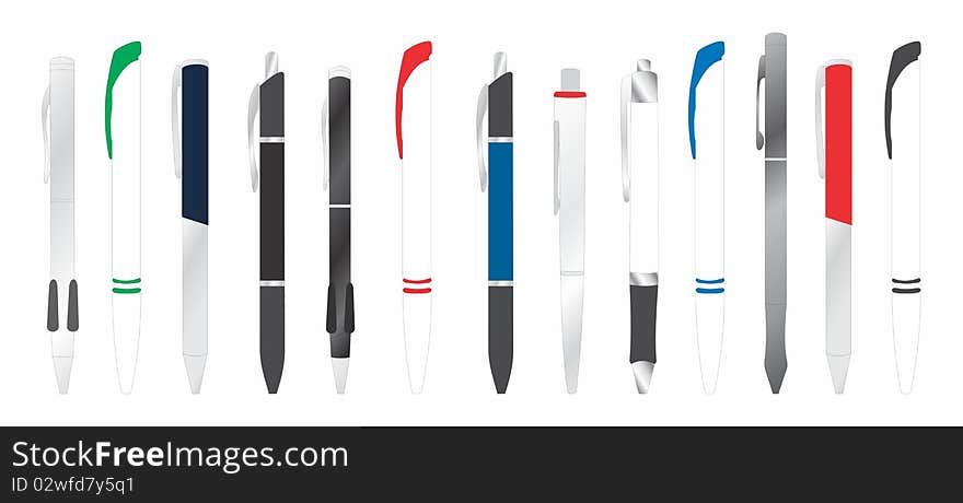 Different shapes and colors of ball pens isolated on white background - vector. Different shapes and colors of ball pens isolated on white background - vector.