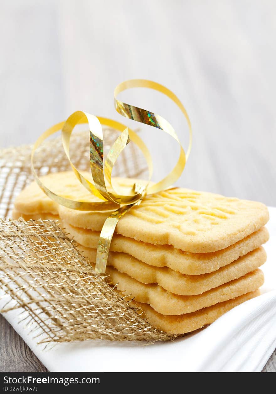 Speculatius cookies stacked and decorated with ribbon. Speculatius cookies stacked and decorated with ribbon