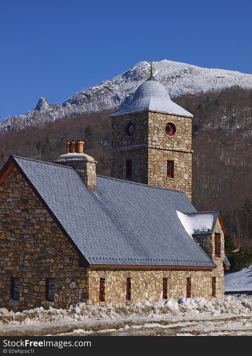 Mountain church in winter