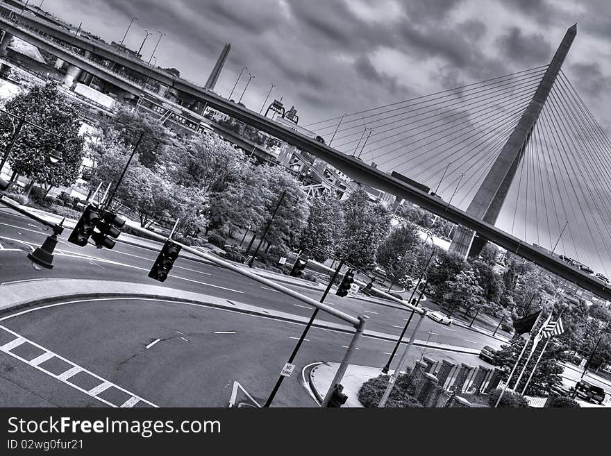 Black and White view of the Zakim Bridge in Boston, Massachusetts - USA.