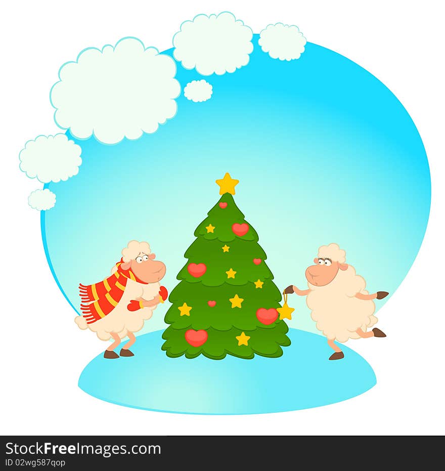 Cartoon Funny Sheep Dresses Up A Fir-tree.