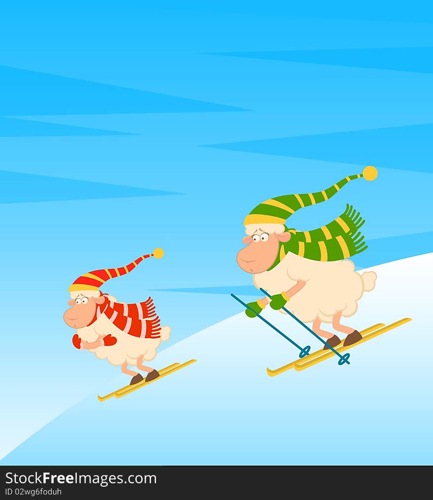 Cartoon funny skier sheep for a design