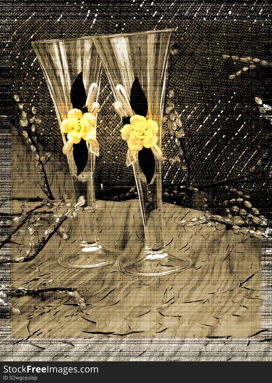 Sepia background with two champagne glasses with yellow roses . Sepia background with two champagne glasses with yellow roses