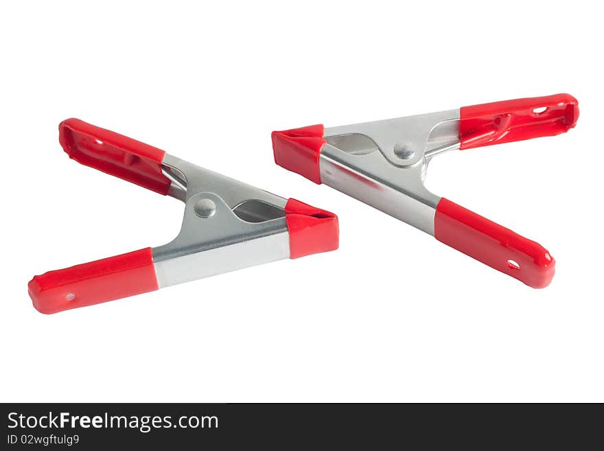 Two spring clamps with red PVC coated hands and tips