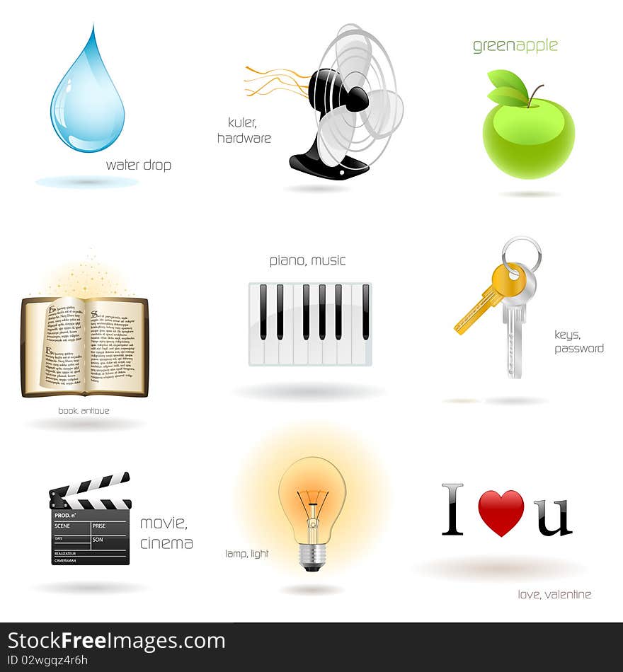 9 icons for web and other needs: water drop, kuler, green apple, fairytale book, piano keyboard, keys, lamp, I love you. 9 icons for web and other needs: water drop, kuler, green apple, fairytale book, piano keyboard, keys, lamp, I love you