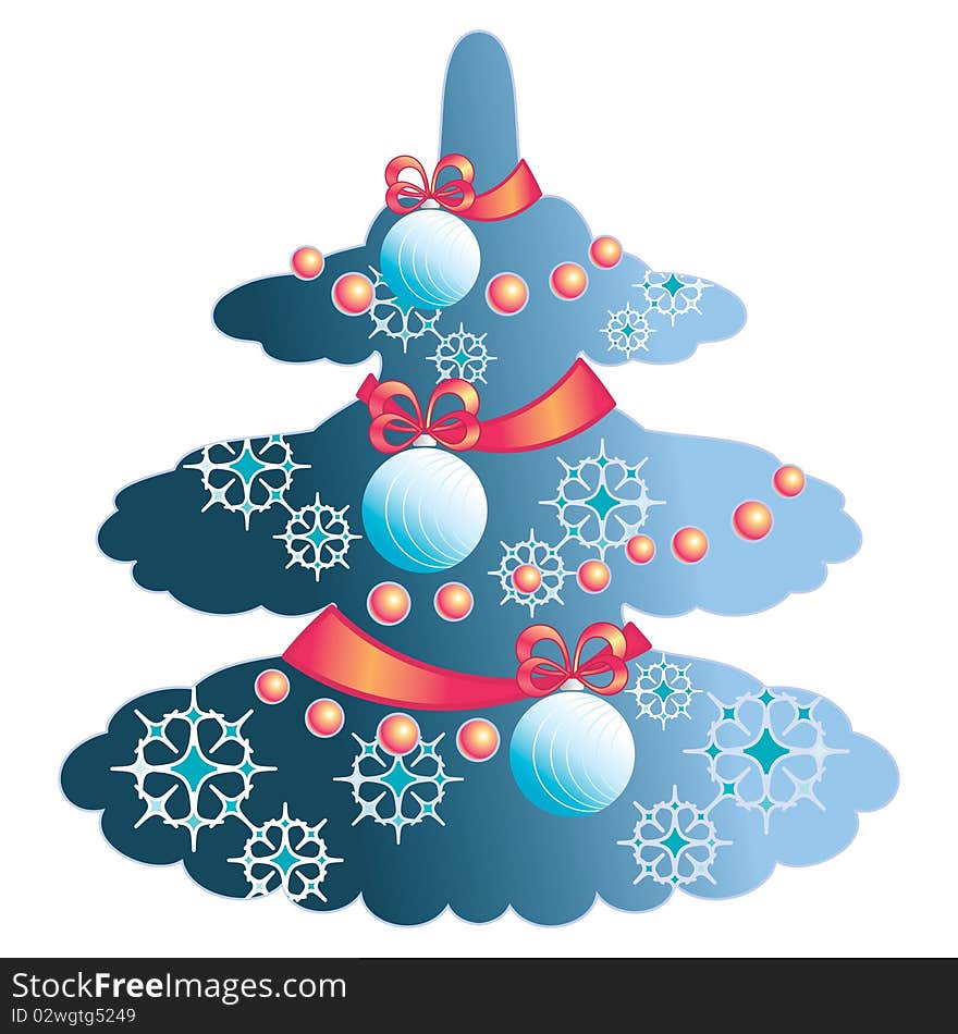 Drawing of a blue Christmas tree with toys and tapes. The isolated image. Drawing of a blue Christmas tree with toys and tapes. The isolated image