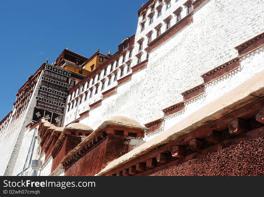 Close-up view of the famous Potala Palace in Lhasa,Tibet.Details.