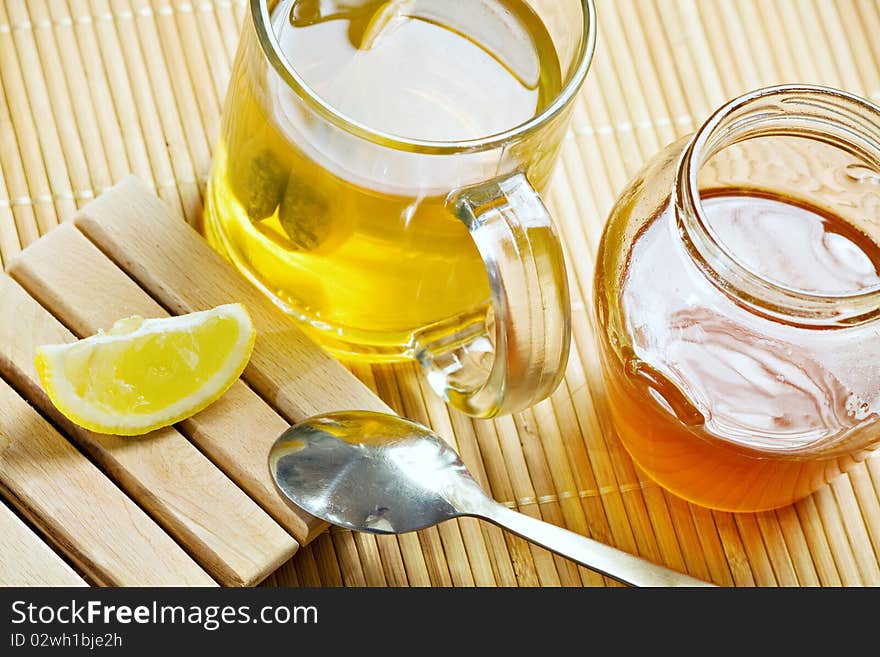 Green tea healthy drink, lemon and honey. Green tea healthy drink, lemon and honey