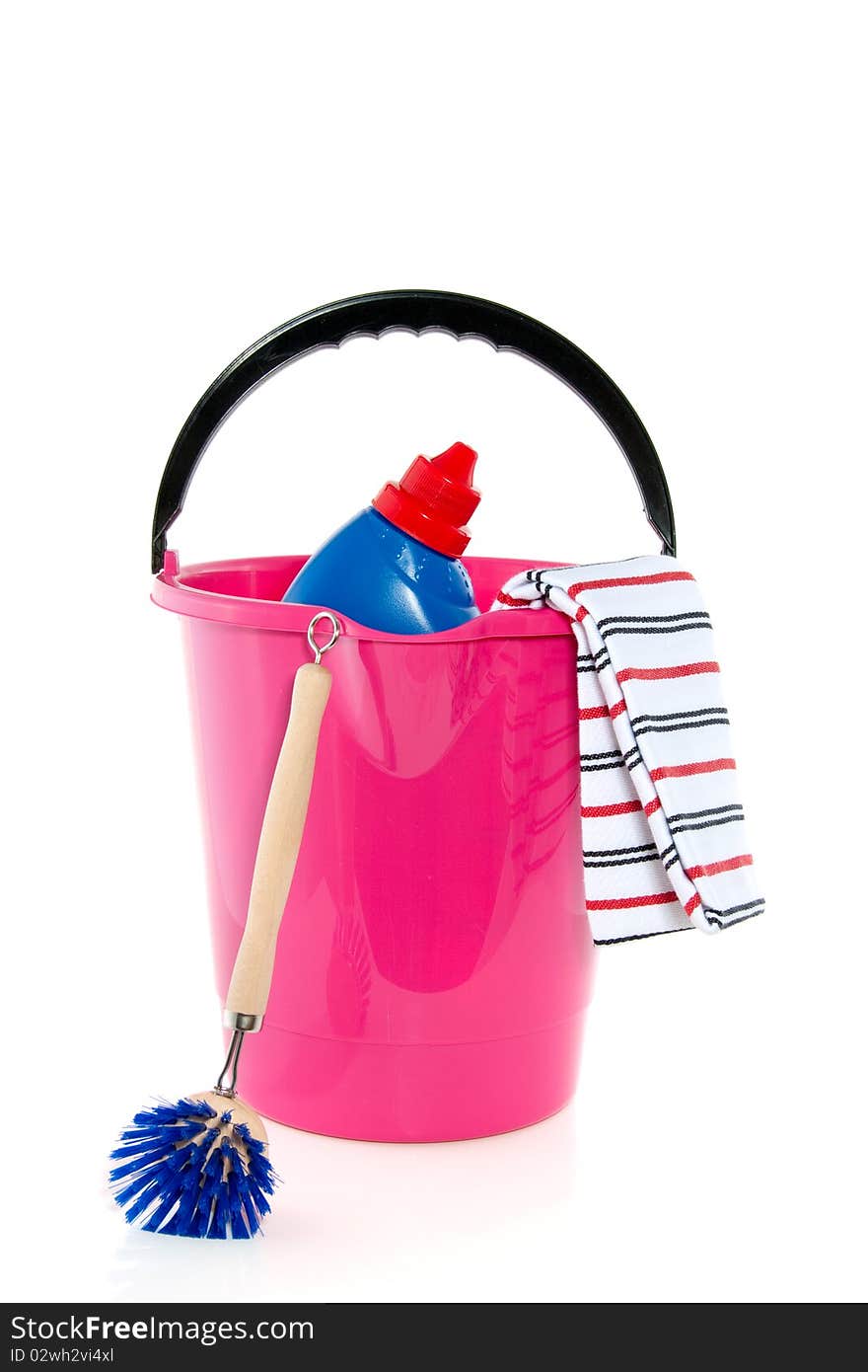 Cleaning bucket tea towel cleaner isolated white. Cleaning bucket tea towel cleaner isolated white