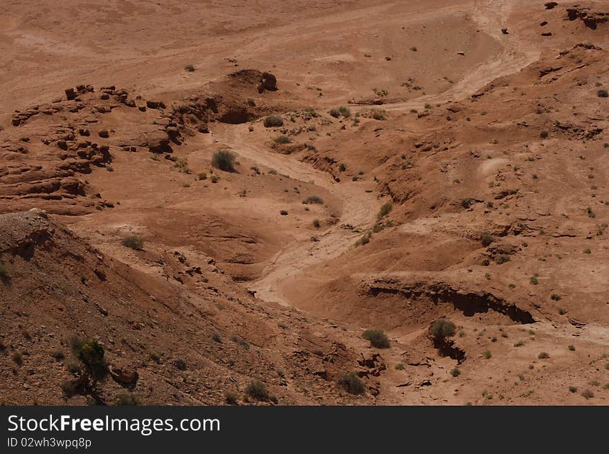 A trail left by water run off in the desert. A trail left by water run off in the desert.