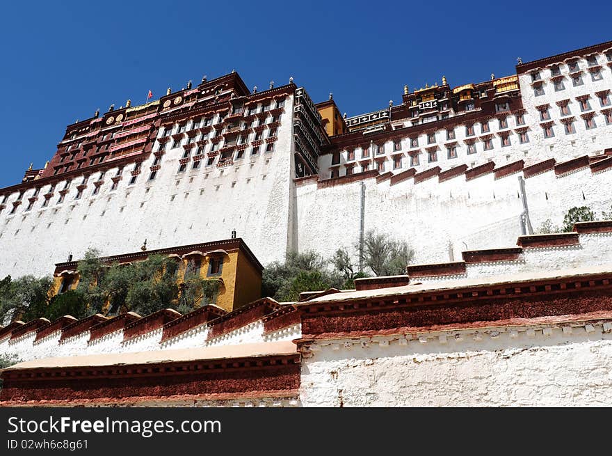 Close-up view of the famous Potala Palace in Lhasa,Tibet.Details.