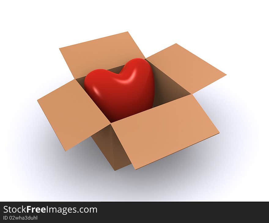 3d render of a heart in a cardboard box. 3d render of a heart in a cardboard box