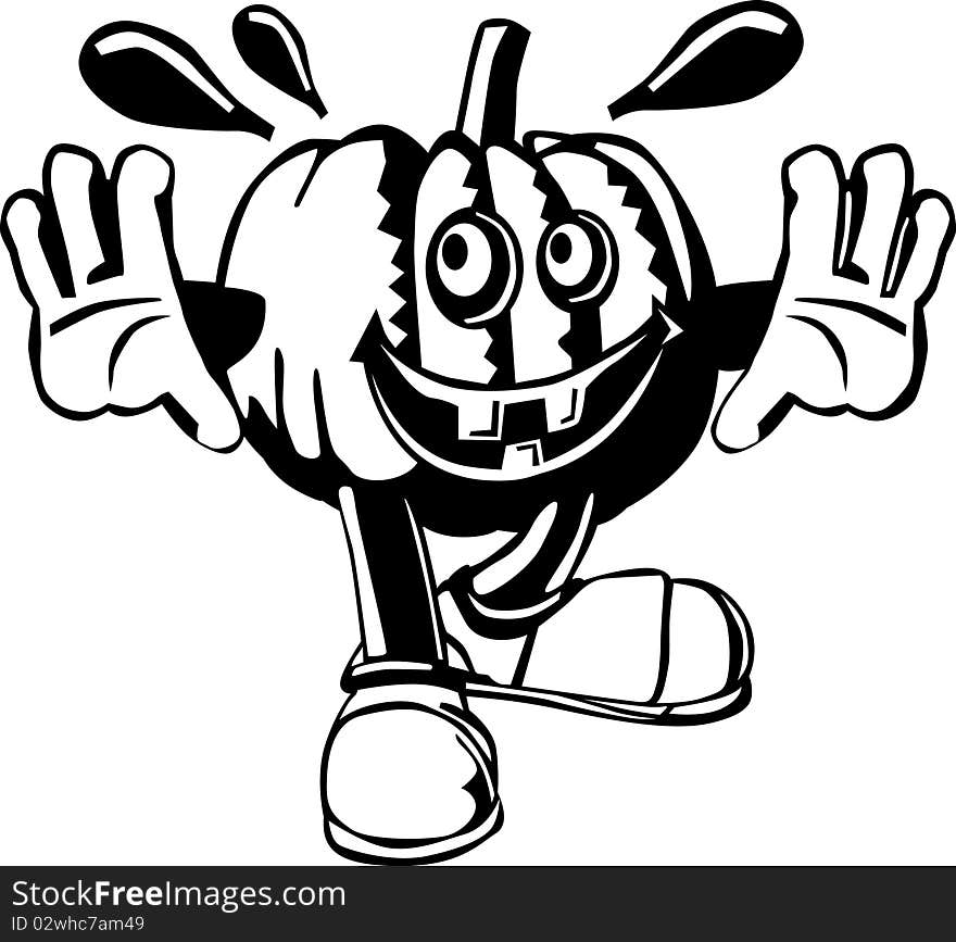 Black and white cartoon of a terrified halloween pumpkin. Black and white cartoon of a terrified halloween pumpkin