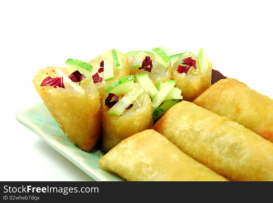 Fried Spring Rolls are usually found sold on the street in Thailand. Typically, the vendors who sell them in Bangkok also sell deep fried tofu triangles, fried shredded taro cakes, fried shredded turnip cakes and fried corn cakes.