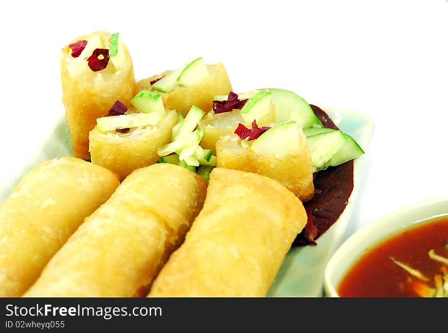 Fried Spring Rolls are usually found sold on the street in Thailand. Typically, the vendors who sell them in Bangkok also sell deep fried tofu triangles, fried shredded taro cakes, fried shredded turnip cakes and fried corn cakes.