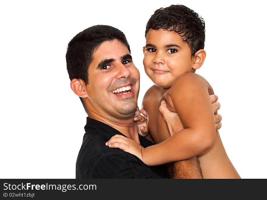 A happy young latin father carrying his son on a white background. A happy young latin father carrying his son on a white background