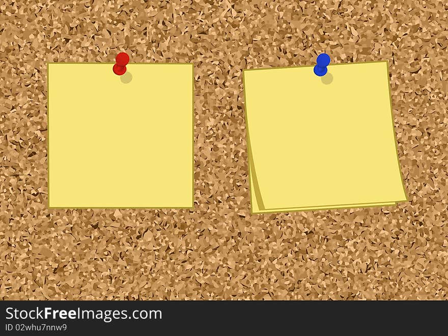 This is an illustration of realistic yellow sticky notes on a cork board. This is an illustration of realistic yellow sticky notes on a cork board.