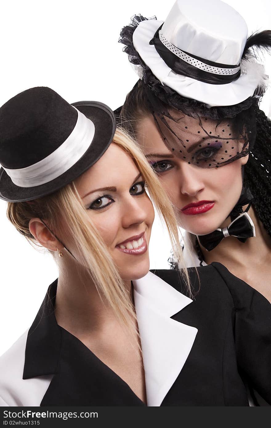 Two attractive cabaret girls smiling