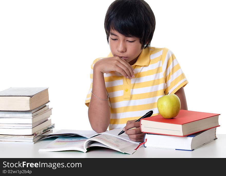 Learn for school, young student make his homework against white background