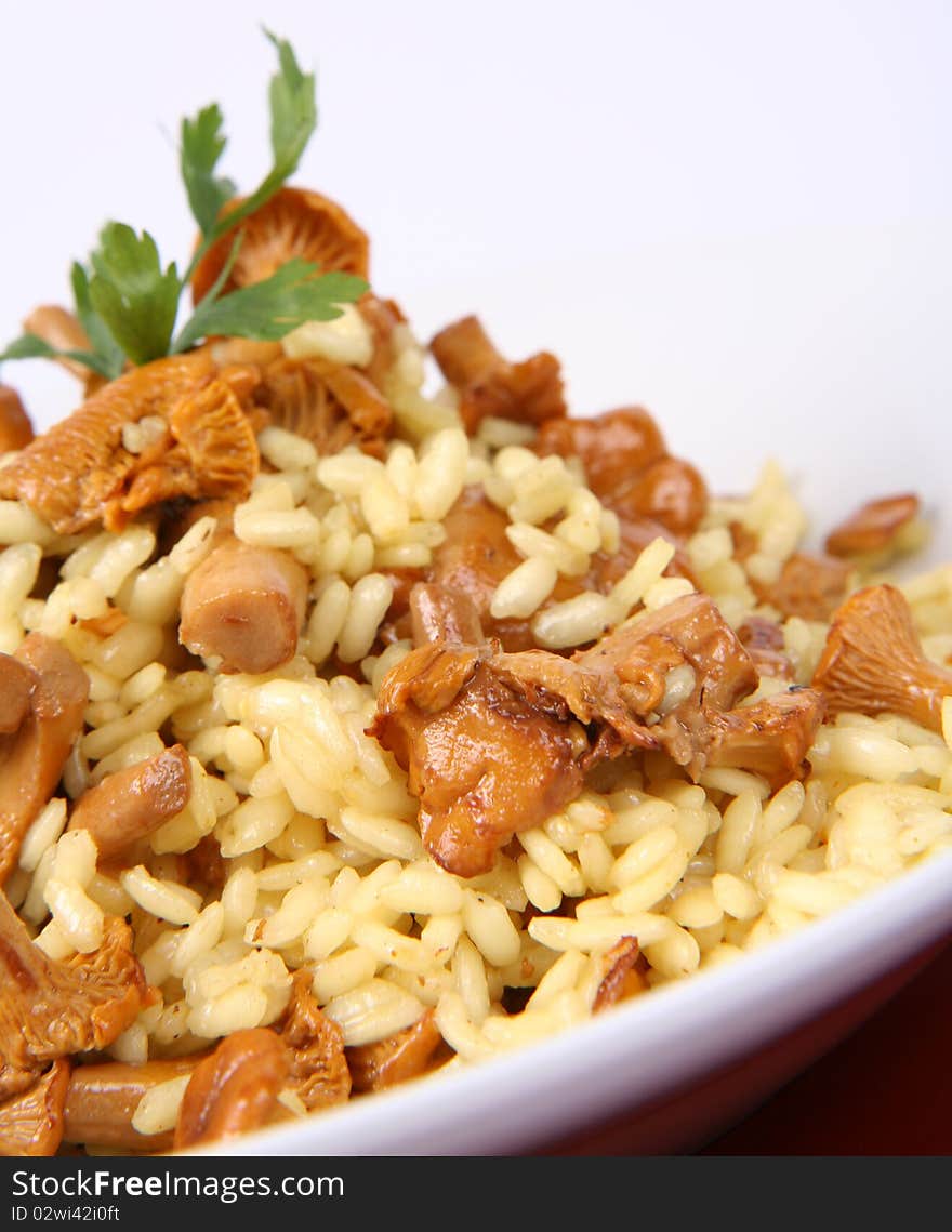 Risotto with mushrooms on a plate decorated with parsley