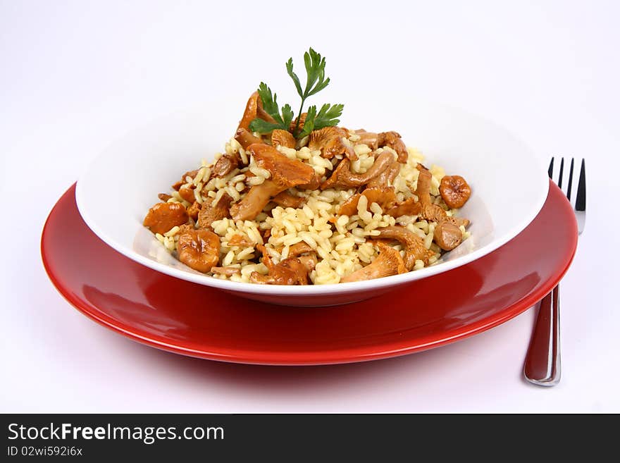 Risotto with mushrooms on a plate decorated with parsley and a fork