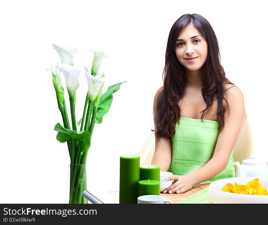 Beautiful woman  in cafe over white background