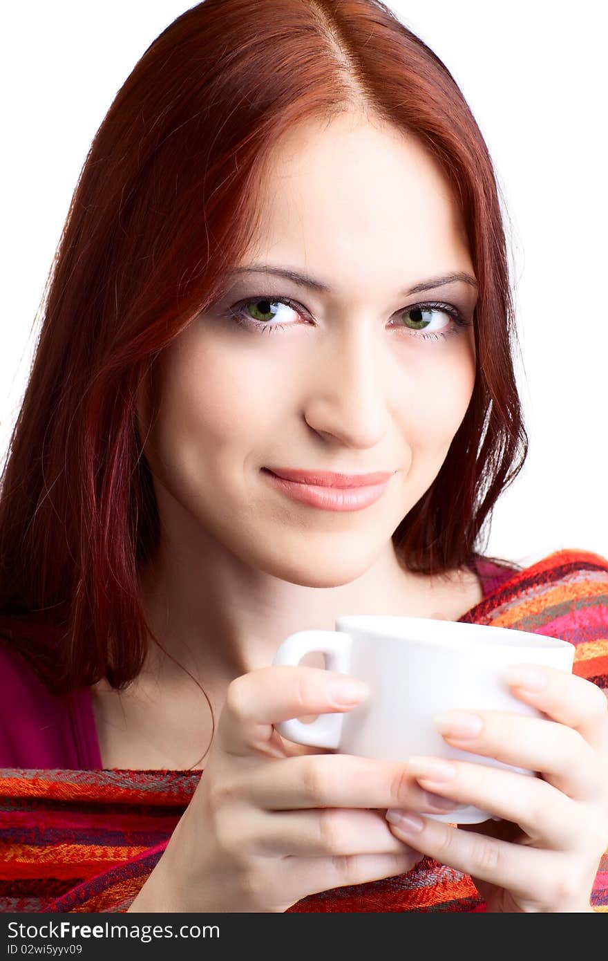 Beautiful woman  in cafe over white background with fair hair