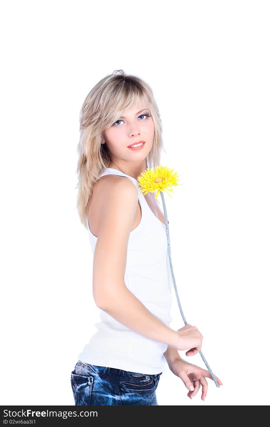 Young girl over white background with flower. Young girl over white background with flower