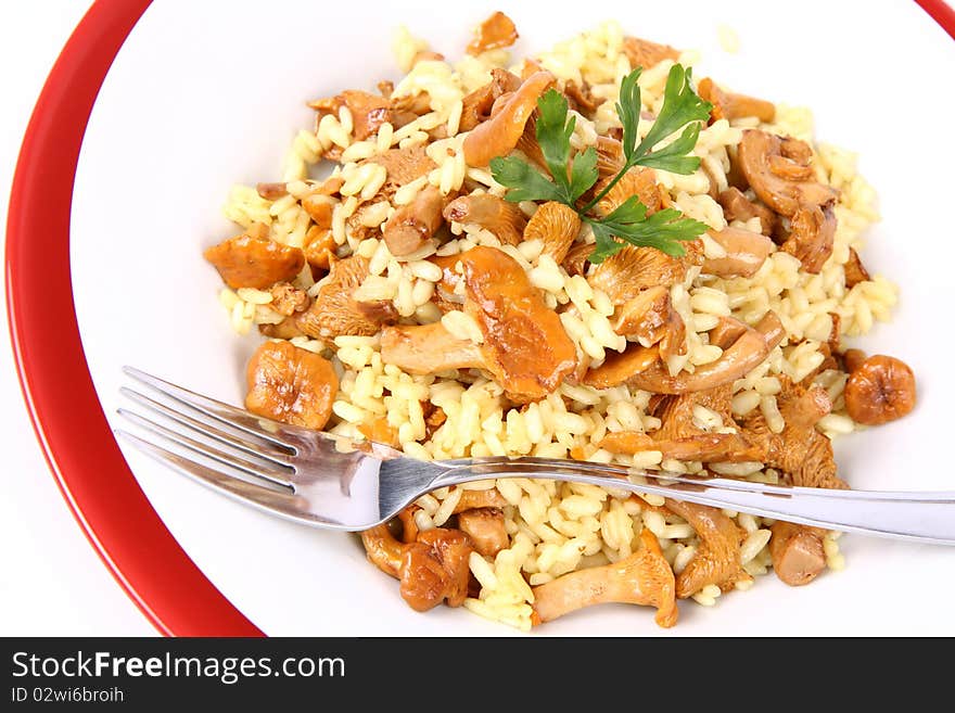 Risotto with mushrooms on a plate decorated with parsley and a fork