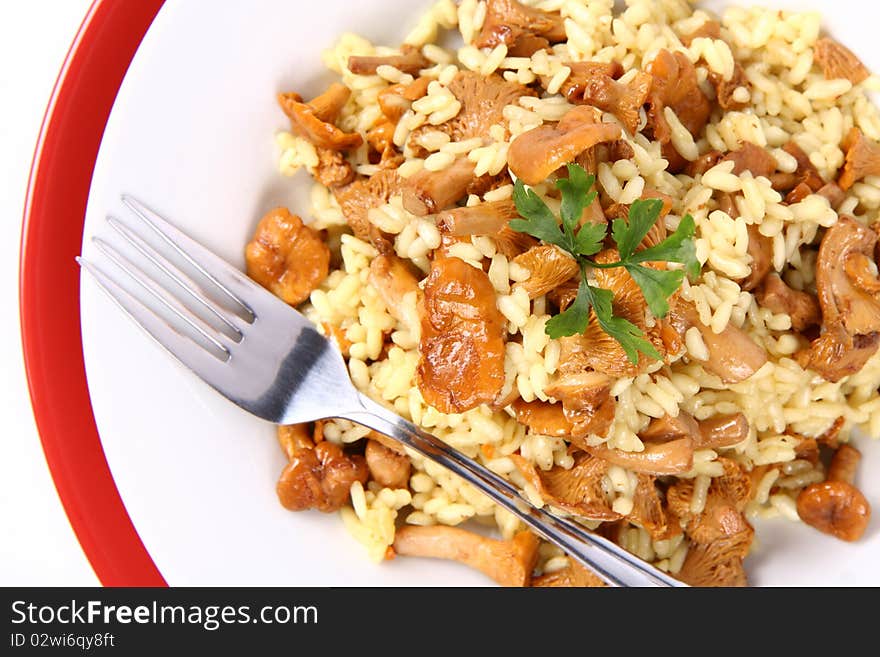 Risotto with mushrooms on a plate decorated with parsley and a fork