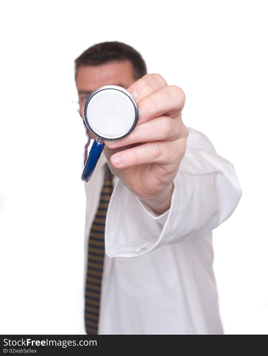 Sharply-focused stethoscope pointed by doctor