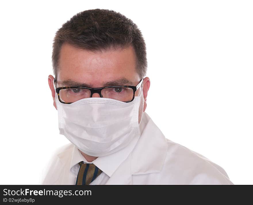 Doctor isolated on white. Wears mask and glasses and looks directly at camera. Doctor isolated on white. Wears mask and glasses and looks directly at camera.