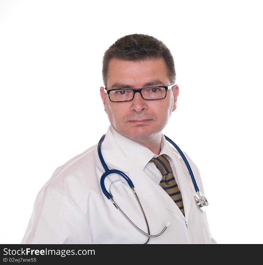 Doctor isolated on white. Looking confidently at camera.