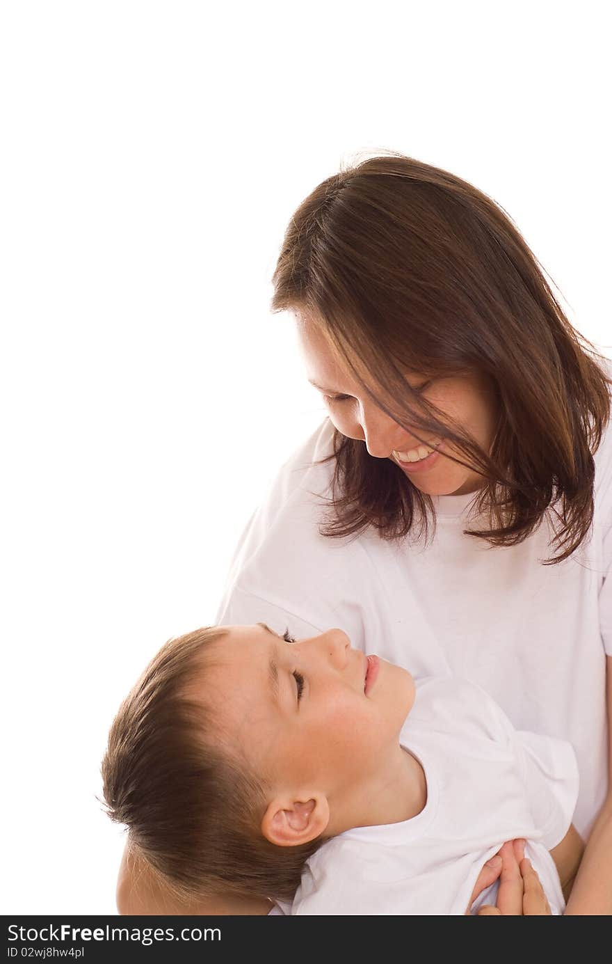 Happy mother with her child together on a white background