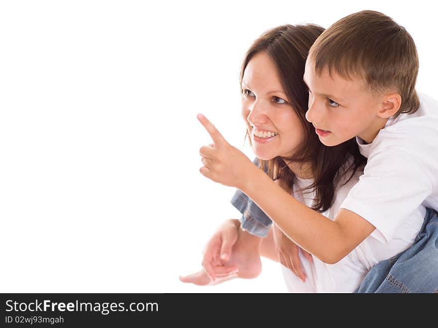 Happy mother with her child together on a white background