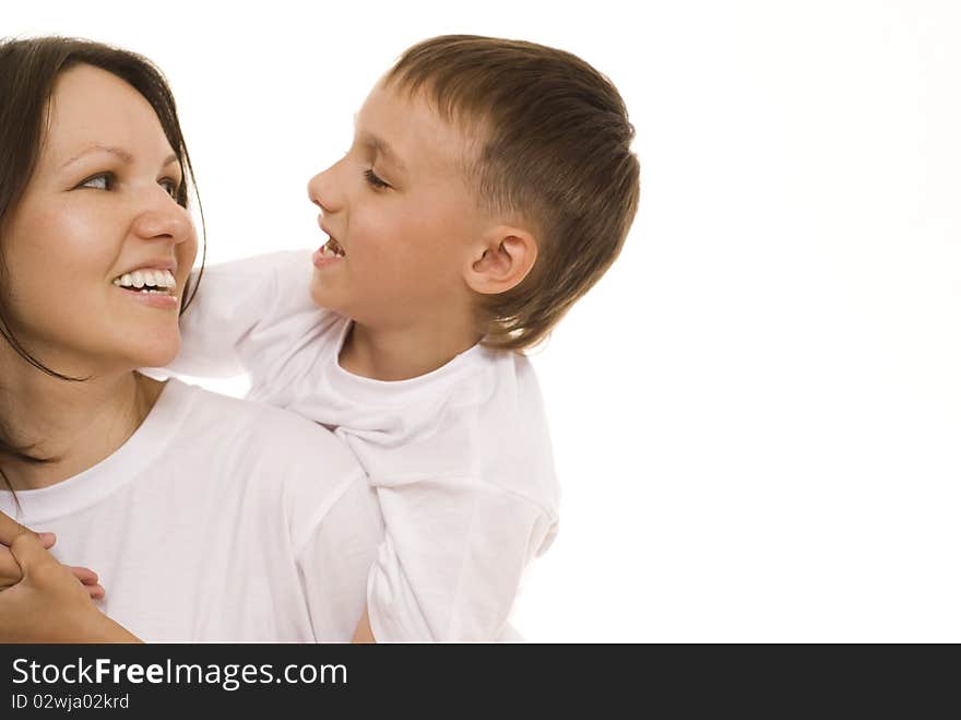 Happy mother with her child together on a white background