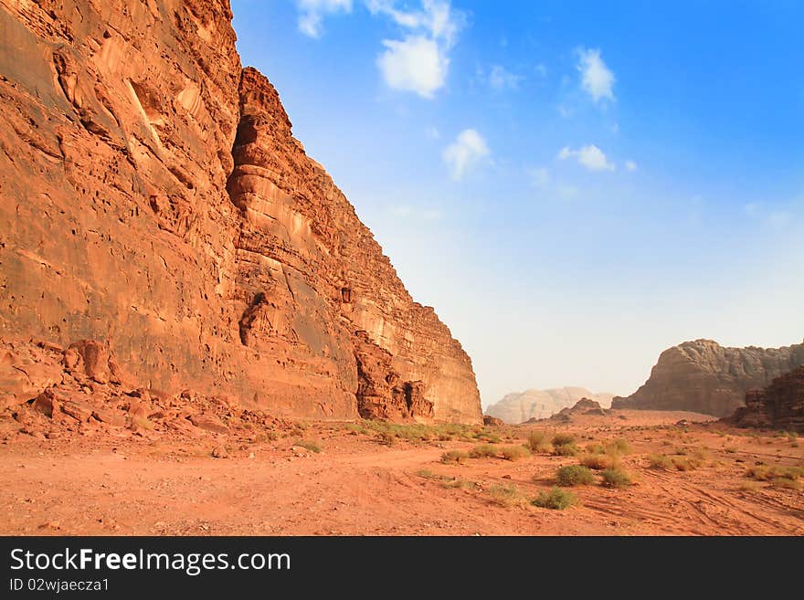 Panoramic view on desert rock formation - Wadi Rum, Jordan, Middle East