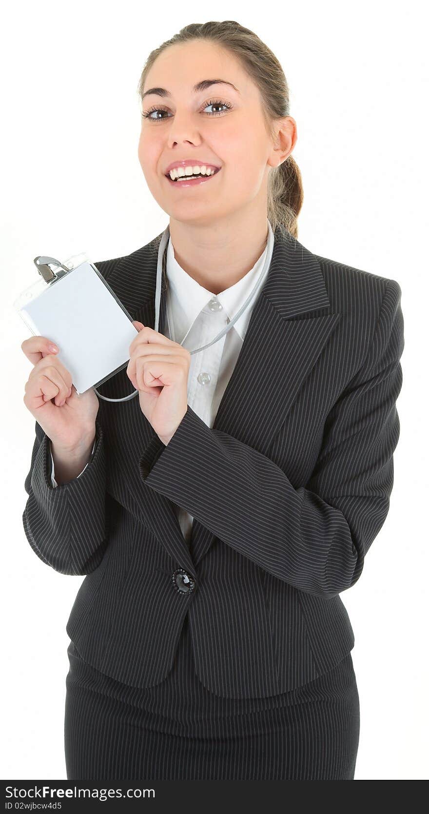 Portrait of woman in business clothing with blank payment card. Portrait of woman in business clothing with blank payment card