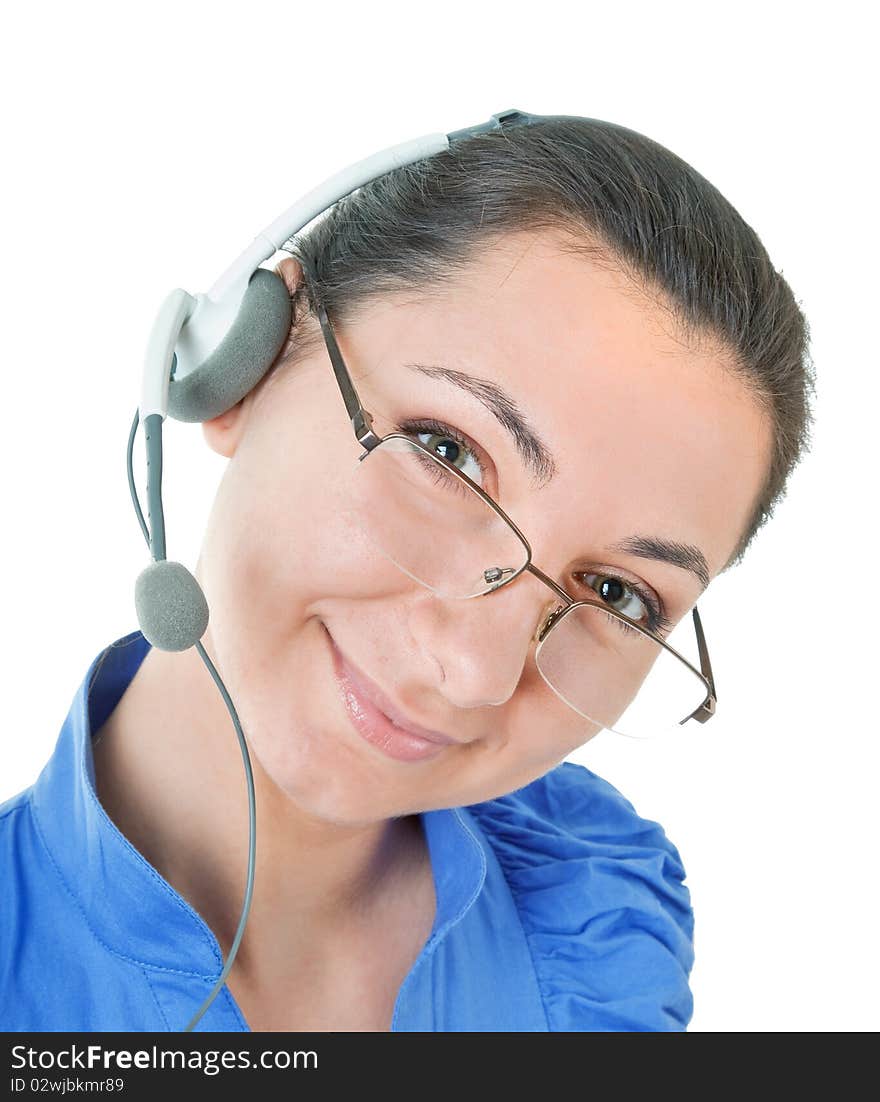 Girl with headphones and microphone on white. Girl with headphones and microphone on white